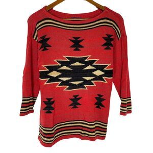Chaps Red Aztec Linen Half Sleeve Knit Sweater Size XS Women’s